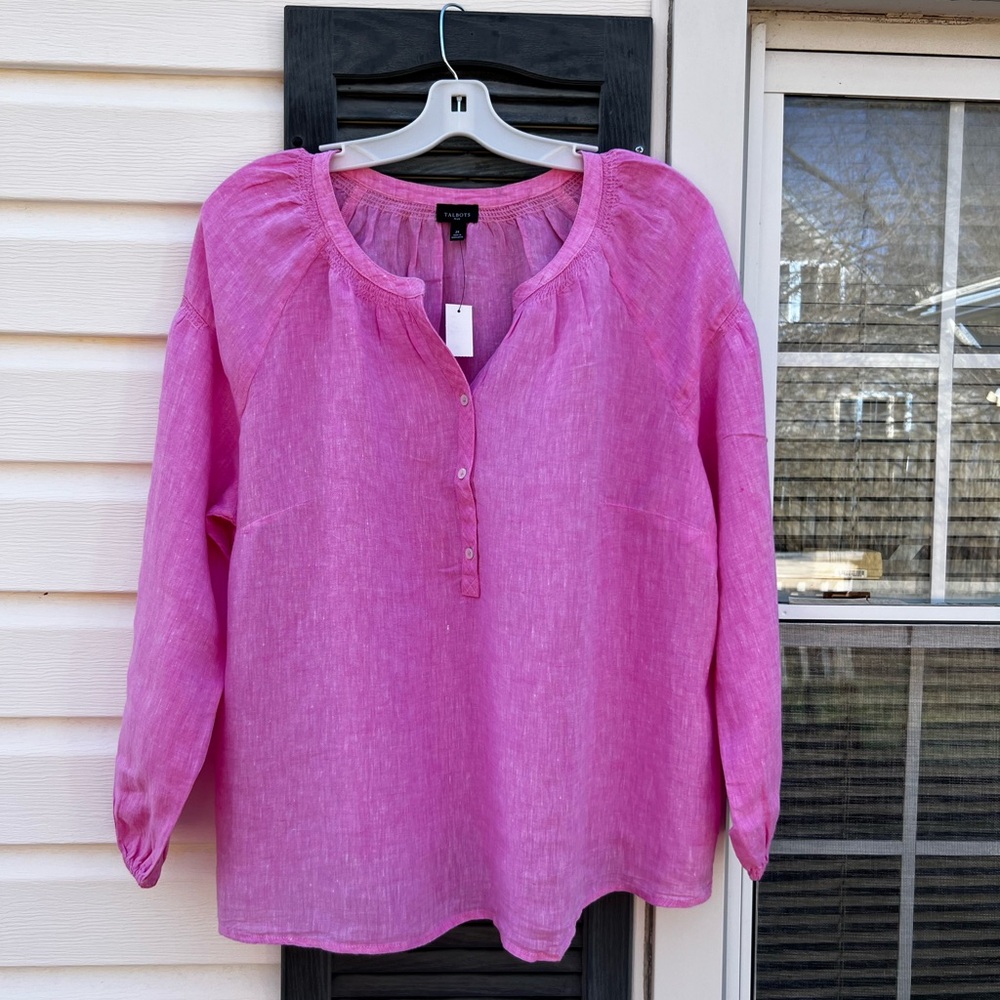 NWT Talbots Pretty Raspberry Pink Peasant Style Long Sleeve 100% Linen Blouse